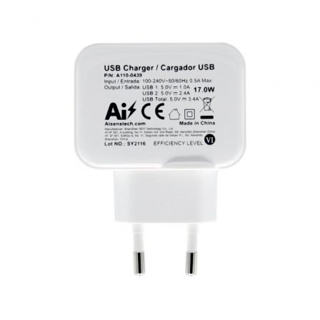 Aisens Cargador USB 17W 5V/3.4A con 2 Puertos USB y Control AI, Blanco Aisens Cargador USB 17W 5V/3.4A con 2 Puertos USB y Control AI, Blanco